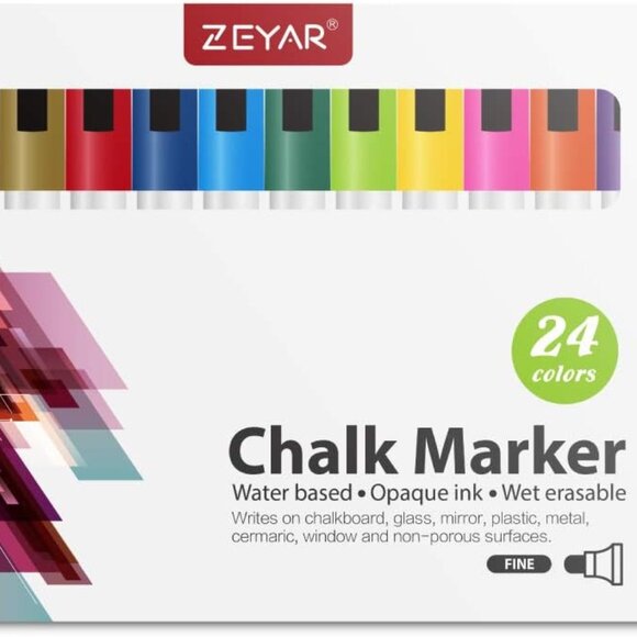 Liquid Chalk Marker Set‎ – 24 Colors, Fine Tip Wet Erase Pens Chalkboards, Glass - Picture 1 of 7